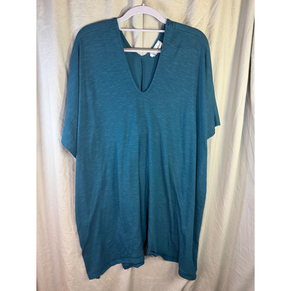 The ZigZag Stripe Teal Blue Slub Knit V-Neck Poncho Top One Size Women